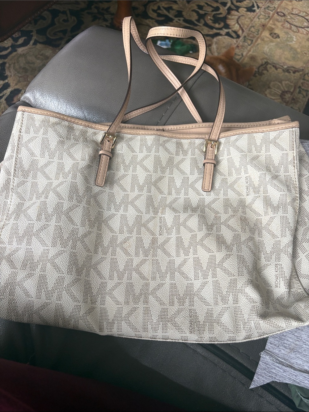Michael Kors Cream and Tan MK Logo Tote